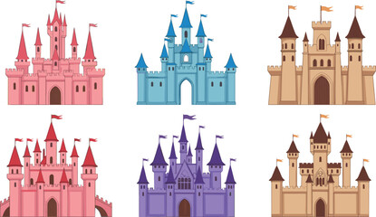 Obraz premium Fantasy castle icons set featuring colorful medieval fortresses, fairy tale kingdom buildings, storybook architecture, and royal palace illustrations for games and children designs