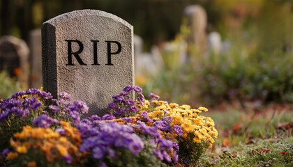 Gravestone with gresh colorful flowers. Beautiful summer view of a row of gravestones decorated with colorful flowers at a well-cared cemetery