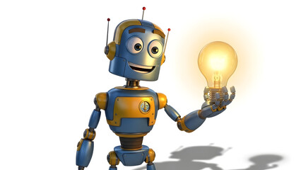 A friendly blue robot character holding a glowing lightbulb, symbolizing innovation and bright ideas