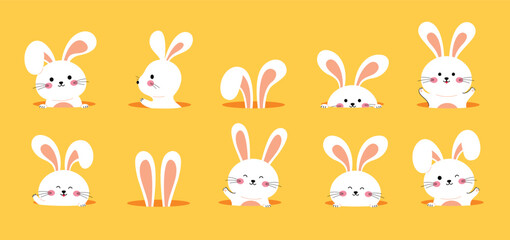 A flat vector illustration set featuring ten cute white rabbits in various poses peeking out from holes on a solid yellow background.