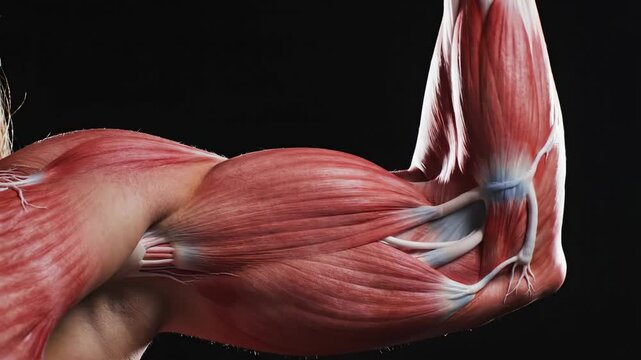 Anatomical illustration of human arm muscle structure on black background