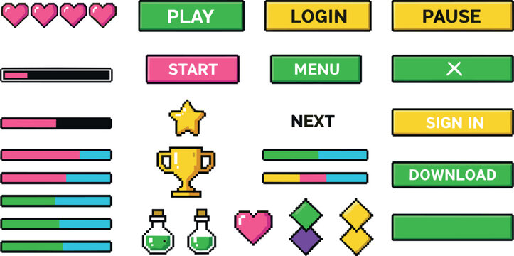 Game user interface elements icons set featuring buttons, progress bars, hearts, trophies, potions, and menu controls for mobile and arcade game design