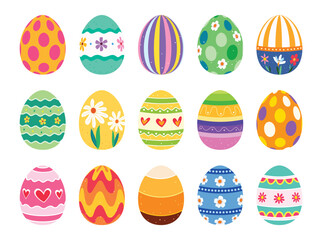 A collection of fifteen colorful decorated Easter eggs with various patterns including polka dots, stripes, flowers, and hearts isolated on a white background.