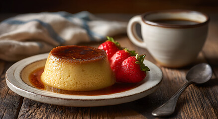 delicious golden caramel flan pudding served on white ceramic plate next to hot cup of coffee on rustic wooden table during peaceful morning break to showcase gourmet dessert and drink.