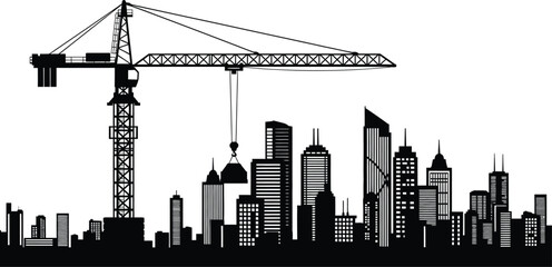 Obraz premium Tower crane silhouette actively constructing towering high rise buildings above a bustling metropolitan cityscape skyline silhouette in black and white graphics
