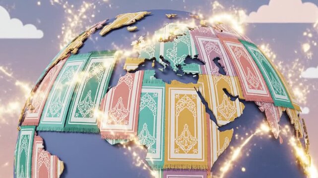 Vibrant globe with colorful prayer mats symbolizing global unity and cultural diversity
