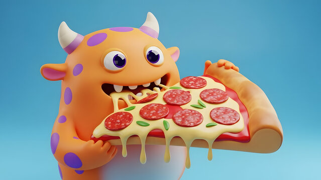 Cute cartoon monster enjoying a slice of cheesy pepperoni pizza, rendered in vibrant 3D illustration