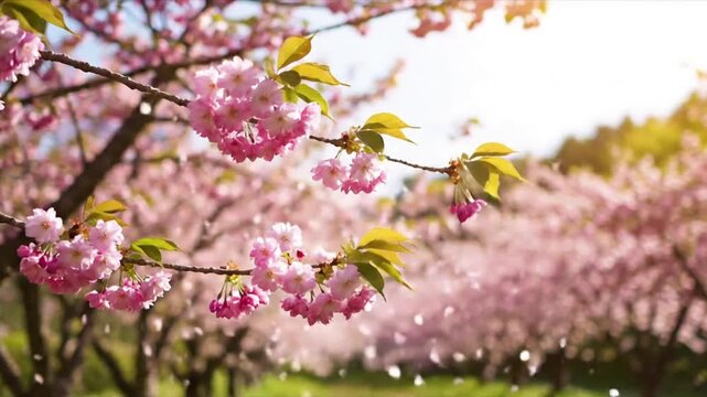 Cherry Blossom Trees in Bloom Wide shot, picturesque rows of fully bloomed cherry trees, scenic landscape spring cherry blossom