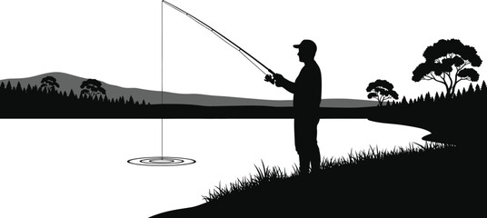 Silhouette of a lone fisherman casting a line into the calm water near the shore during a peaceful sunrise over distant, layered hills