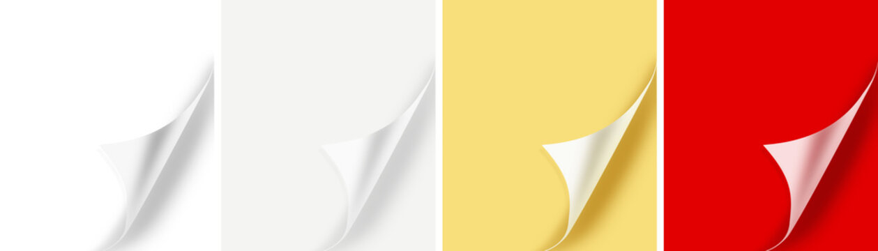 Realistic curled paper corner set with page peel and folded edge effects.