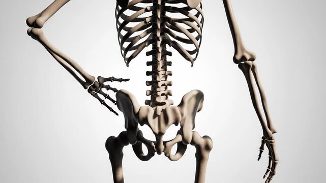 Anatomical human skeleton model against plain white background