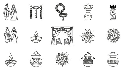 Indian Wedding Icons Collection Traditional Symbols and Rituals Representing Marriage Ceremonies