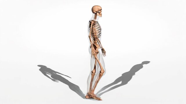 Anatomical human skeleton walking in profile against white background