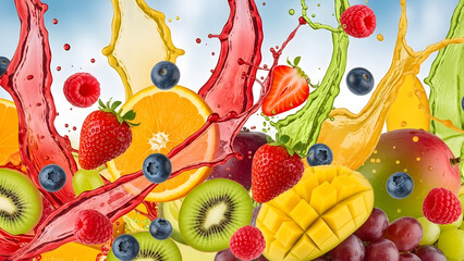 Vibrant fruit splash with juice and fresh produce in motion