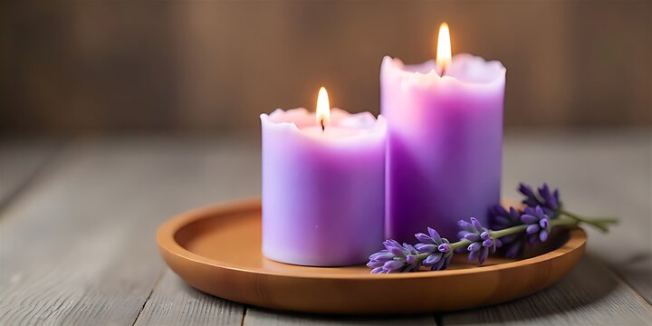 a three lit purple candles surrounded by sprigs of lavender, all presented on a wooden tray, bathed in soft, warm light, a calming ambiance