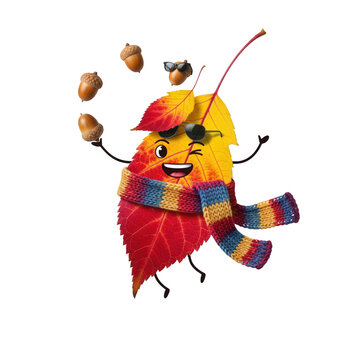 Whimsical autumn leaf character juggling acorns on a dark contrasting background