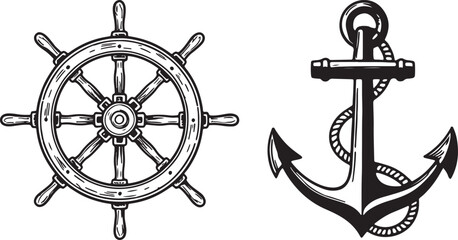 Vintage ship steering wheel and anchor isolated on transparent background © GraphicGrove