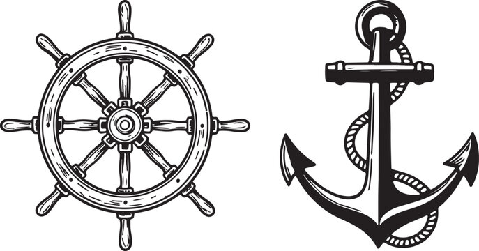Vintage ship steering wheel and anchor isolated on transparent background