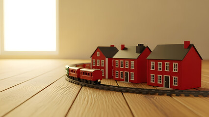 Miniature red toy train on tracks passing small red houses on a wooden floor under warm window light, symbolizing home, community, and real estate