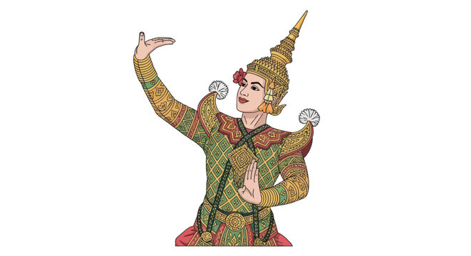 Traditional Thai classical dancer character in an elaborate green costume with a golden spired headdress.
