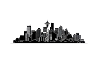 meticulously detailed black vector silhouette of the iconic seattle skyline with 'SEATTLE' text, on a transparent background with copy space. concept of urban identity branding