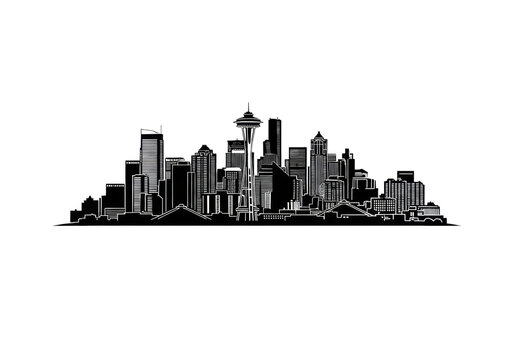 meticulously detailed black vector silhouette of the iconic seattle skyline with 'SEATTLE' text, on a transparent background with copy space. concept of urban identity branding