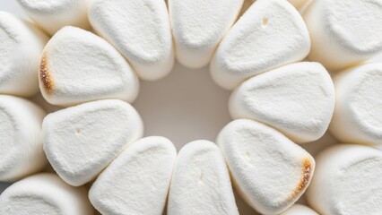 Circle arrangement of white marshmallows with slightly toasted edges on white background