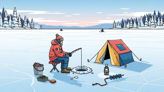 Man in orange jacket ice fishing on frozen lake with tent and equipment at sunset with winter and snow and outdoor and recreation with hat