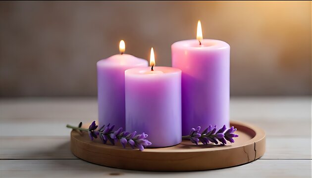 a three lit purple candles surrounded by sprigs of lavender, all presented on a wooden tray, bathed in soft, warm light, a calming ambiance