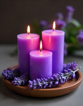minimalist wellness scene featuring three purple candles burning softly, lavender sprigs arranged around them on a wooden tray, warm diffused light, calming ambiance