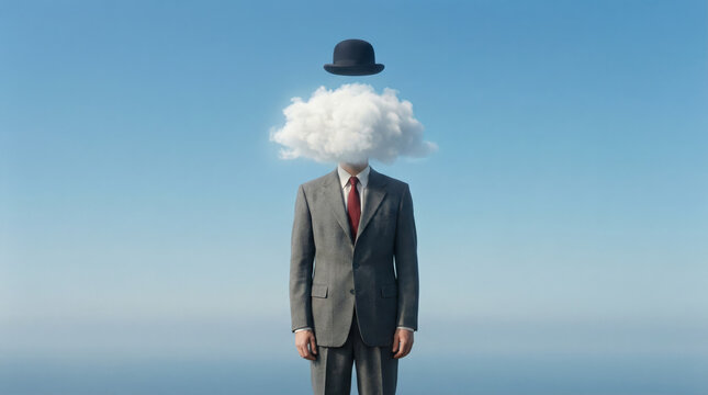 Surreal man in a suit with a cloud covering his face and a floating bowler hat. Conceptual business portrait representing imagination or confusion. Head in the clouds metaphor