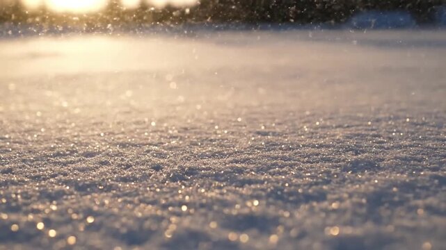 Golden Hour Snowfield Wide, sweeping shot of an expansive, untouched snowfield at sunrise or sunset, with the low sun illuminating millions of sparkling snow pa