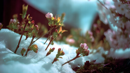 Early spring flower buds emerging through melting snow on blurred background