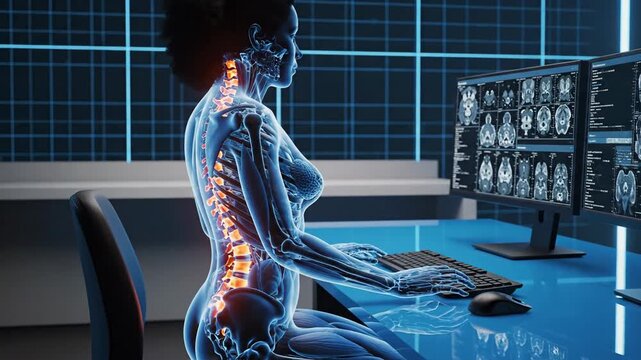 Anatomical illustration of a person at a computer with spine highlighted