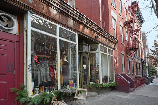 Vintage clothing and footwear store in old neighborhood of New York City