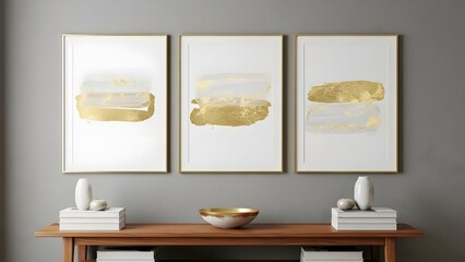 Three framed abstract art prints with gold leaf and brushstrokes hanging on a minimalist gray wall above a wooden console table with decorative vases, bowls, and stacked books