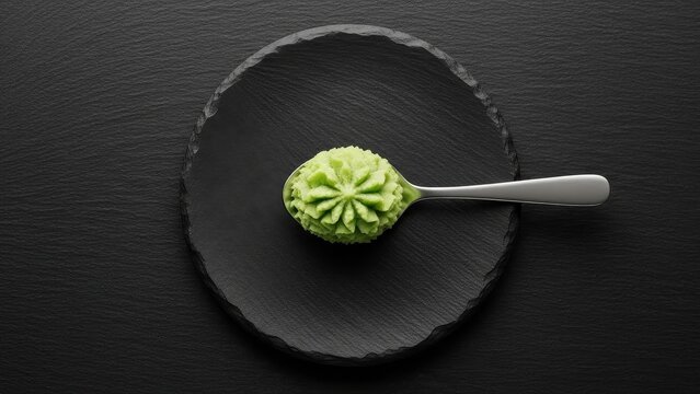 Overhead shot of decorative green wasabi on spoon and round board