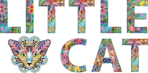 Words LITTLE CAT. Vector zentangle object for decoration