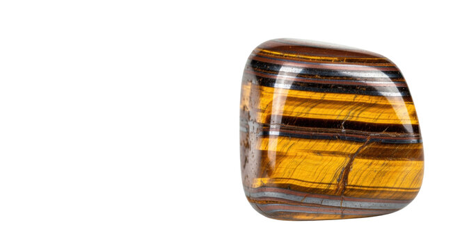 extreme macro shot of a single, highly polished tiger's eye gemstone on a pure reflective white background, showing gold and brown chatoyancy and fibrous texture, luxurious mineral specimen
