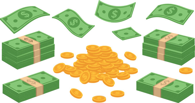 Money cash and gold coins illustration set showing flying banknotes, stacked bills, wealth accumulation, financial success, investment profit, and business revenue concepts