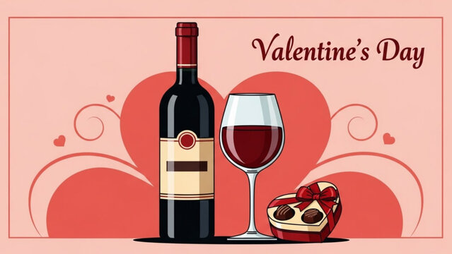 A valentine's day celebration setup with a bottle of red wine a full wine glass and a chocolate covered heart shaped dessert with love
