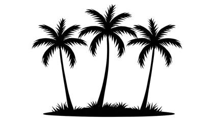 Obraz premium A black silhouette of three palm trees standing together on a small island with grass