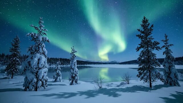 Forest Canopy Aurora Display Dense pine forest at night, deep snow on branches, with the aurora glowing majestically above the tree line, creating an intimate y
