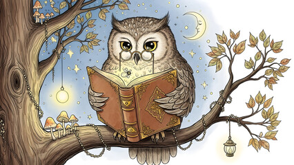 An intelligent owl wearing glasses reads a glowing book while perched on a branch of a tree, surrounded by mushrooms and fairy lights under a starry night sky with a crescent moon