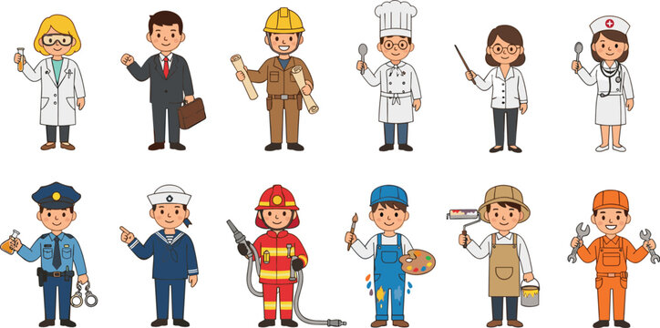 Professional occupations vector set with doctor, chef, builder, firefighter, police officer, artist and nurse characters in flat cartoon illustration style isolated on white background