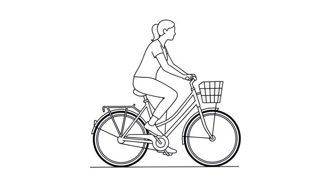 Line drawing of a woman riding a bicycle with a basket.