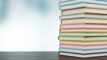 Vibrant stack of colorful books on wooden table