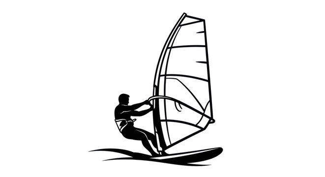 Silhouette of a windsurfer on a board with a sail.