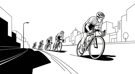 Cyclists racing on a city street in a dynamic black and white illustration.