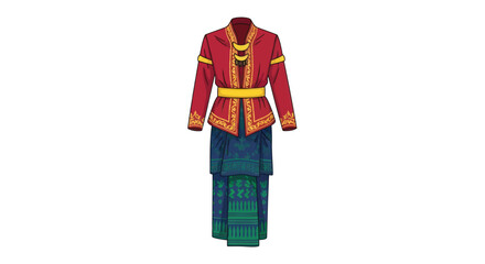 Traditional Red and Blue Ethnic Attire with Ornate Gold Accents.